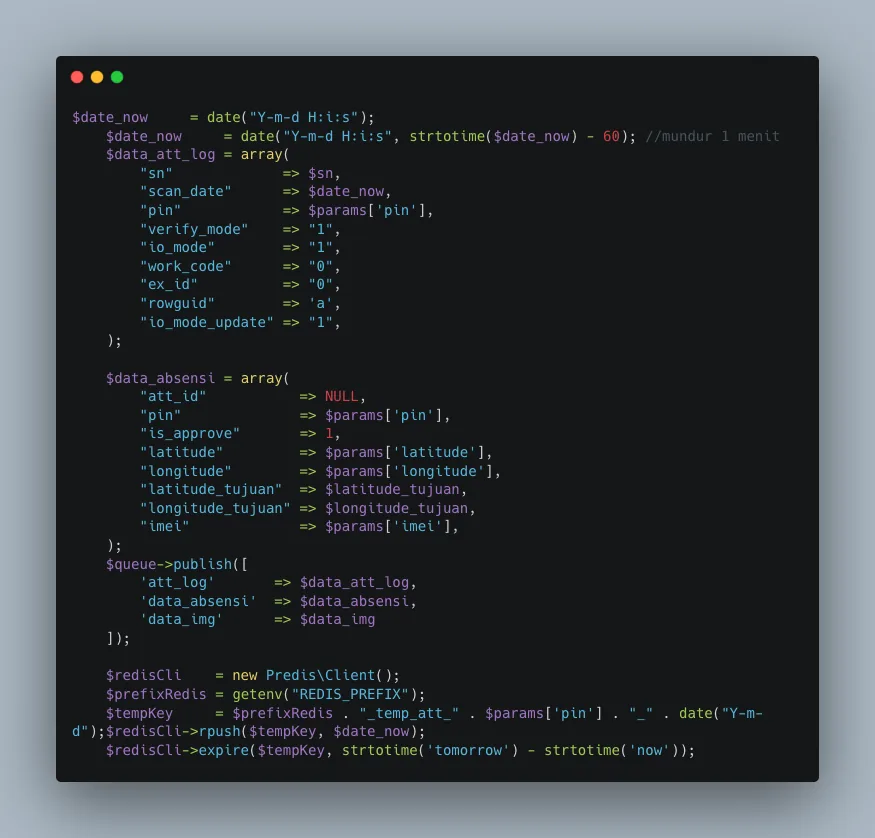 Async attendance submission published to RabbitMQ and staged in Redis