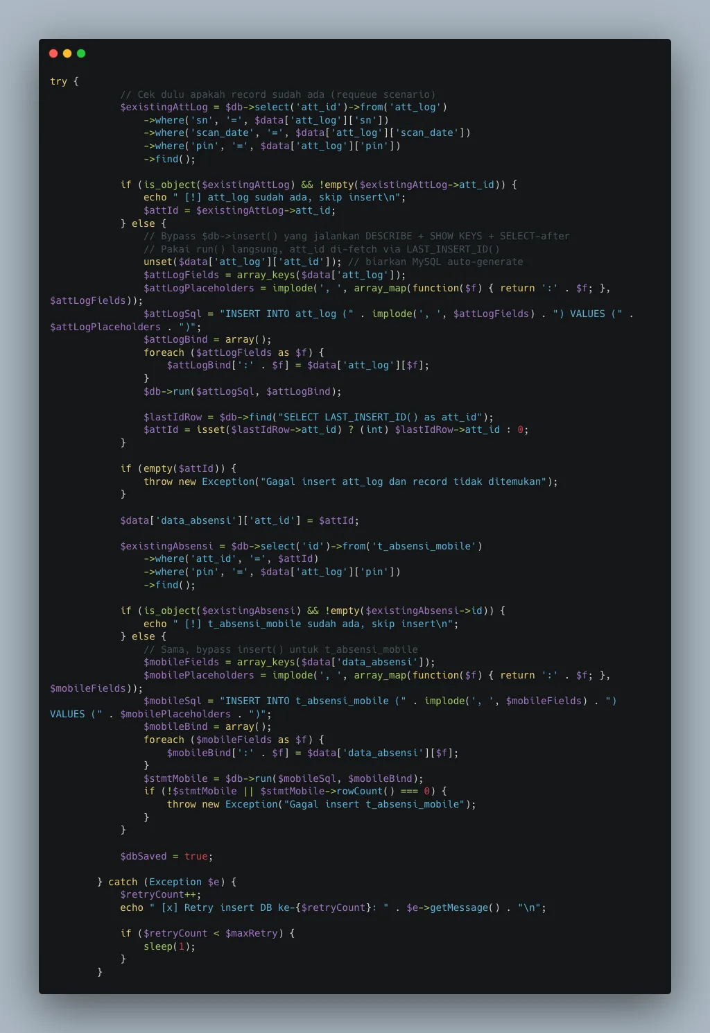 Idempotency checks and direct SQL in the RabbitMQ attendance consumer
